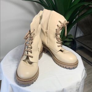 Cream Combat Moto Boots with Lug Sole and Padded Collar